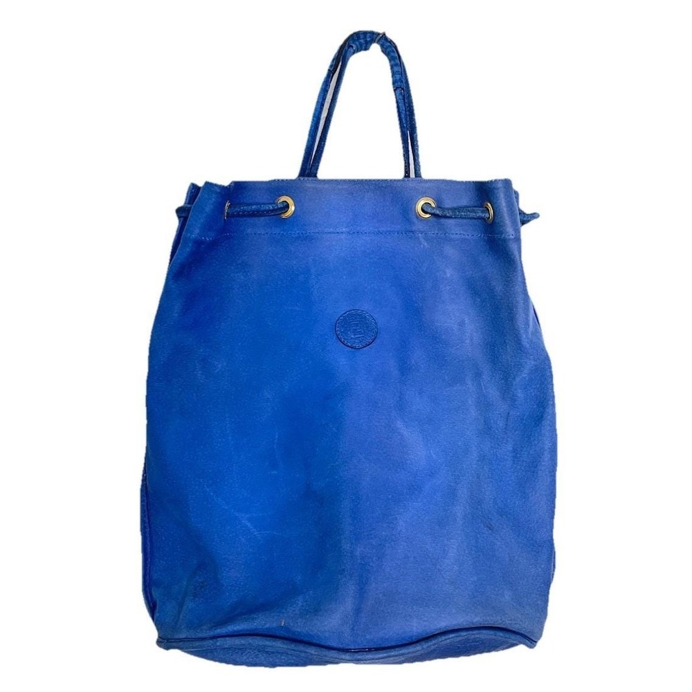 Vintage 80s FENDI Blue Drawstring Shoulder Bag Leather‎ FF Logo